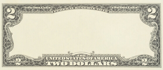Blank front sample of US two dollar banknote with full empty middle area. Blank obverse side two...