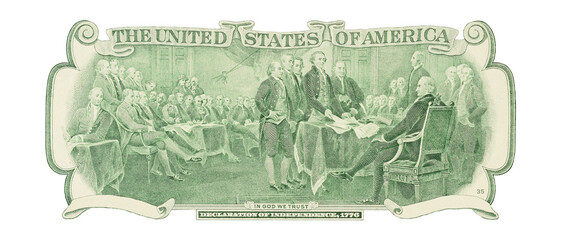 Engraved reproduction of the painting Signing of the Declaration of Independence. Cutting from back...