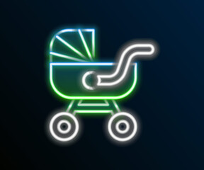 Glowing neon line Baby stroller icon isolated on black background. Baby carriage, buggy, pram, stroller, wheel. Colorful outline concept. Vector