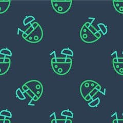 Line Coconut juice exotic fresh cocktail and umbrella icon isolated seamless pattern on blue background. Vector