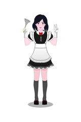 Cute girl or teen dress in or costume or cosplay with maid uniform and feather duster drawing in cartoon vector