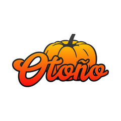 Logo con palabra Otoño en español con calabaza con sombra en color naranja