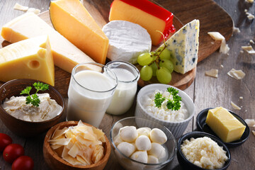 A variety of dairy products including cheese, milk and yogurt