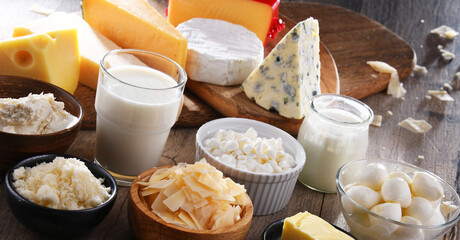 A variety of dairy products including cheese, milk and yogurt