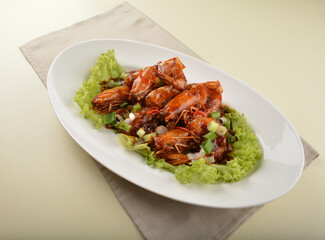 asan chef stir fried big tiger prawn in sweet mamak sauce nonya har lok asian halal menu