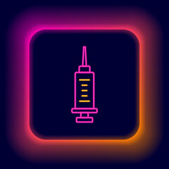 Glowing neon line Syringe icon isolated on black background. Syringe for vaccine, vaccination, injection, flu shot. Medical equipment. Colorful outline concept. Vector