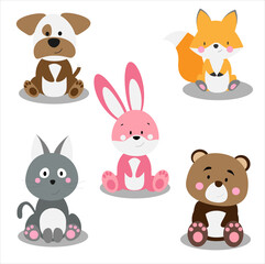 Set of isolated animals - vector illustration. Cat, dog, bunny, bear, fox.