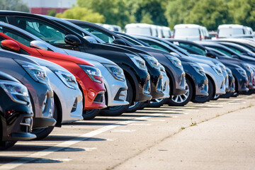 Row of brand new cars lined up outdoors in a parking lot.
