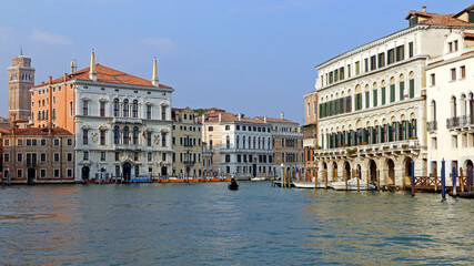 Panoramic view of Grand Canal from a boat trip, Venice, Italy.