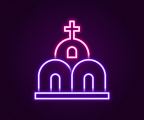 Glowing neon line Church building icon isolated on black background. Christian Church. Religion of church. Colorful outline concept. Vector