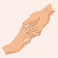 Vector image of two hands holding each other. Touching hands. 