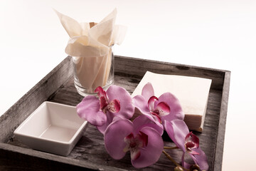 Wooden tray with white bowl and orchid isolated