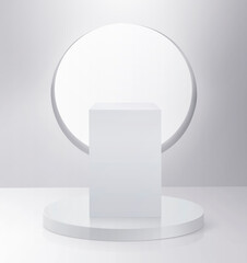White rectangle pedestal, 3d exhibit displays. Spotlight illuminates pedestal. 3D render