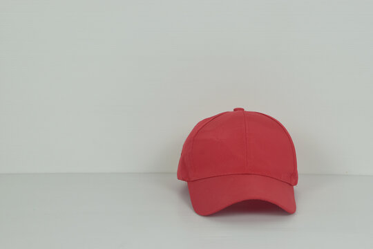 Red Baseball Cap Or Hat On White Background.