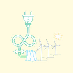 Electric cord in shape of infinity symbol. Electricity generation from renewable energy is infinite. Vector illustration outline flat design style.
