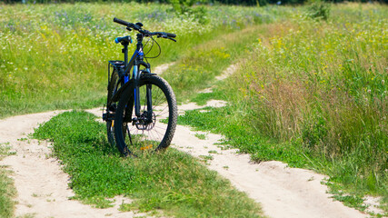 Fototapeta na wymiar bike stands on the road in the field. A mountain bike stands on a field path with green grass. Mountain bike, blooming summer field, meadow flowers, sunny day. ride a bike.