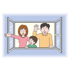 窓から手をふる家族