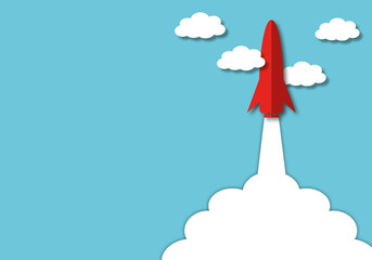 Red rocket with white clouds rising up as metaphor for business and financial growth, Success and financial developing, Business growth concept, paper cut design style.