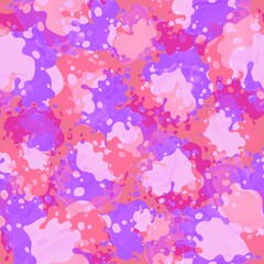 Red, pink, lilac ink liquid hearts on a lilac background. Seamless pattern. Abstract artistic repeating pattern.