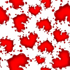 Red liquid hearts on a white background. Seamless pattern. Abstract artistic repeating pattern.