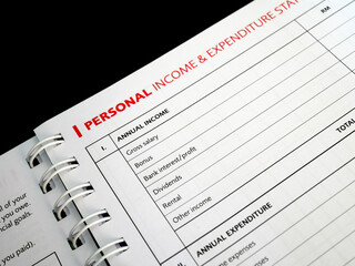 Selected focused on Personal Income and Expenditure text found on one page of a notebook. Be the title to a table of personal income entries that are still empty.