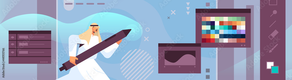 Poster designer drawing with pen in graphic editor arabic man creating website user interface graphic desig
