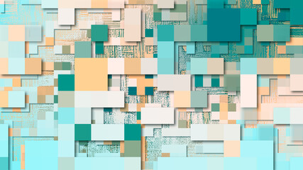 Ocean floor abstract 3d urban backdrop, pixel art technology or web pattern background. Random colorful mosaic