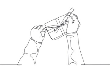 Continuous one line of woman packs gift for christmas in silhouette on a white background. Linear stylized.Minimalist.