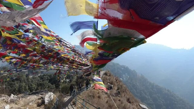 Tibetan Peace Flags Flying On A Hill Top In Dalai Hills Mussoorie India 