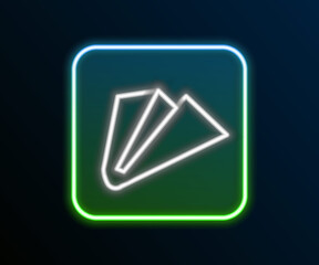 Fototapeta premium Glowing neon line Paper airplane icon isolated on black background. Colorful outline concept. Vector