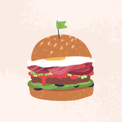 Homemade craft burger with crispy bacon illustration. Pork cutlet with egg, red berry sauce, onion, cucumbers between rye bun. Barbeque dish for house party isolated vector.