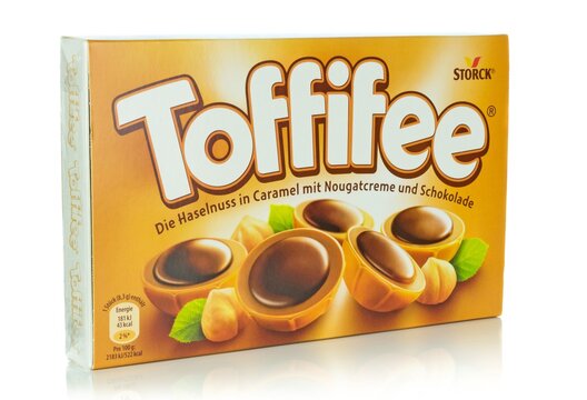 NIEDERSACHSEN, GERMANY DECEMBER 2018: A box of Storck Toffifee sweets on a white background.