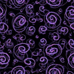 Seamless pattern. Purple  spirals, circles, helical lines. Abstract curves shapes on a black background.