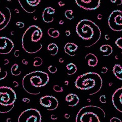 Seamless pattern. Rainbow spirals, circles, helical lines. Abstract curves shapes on a black background.