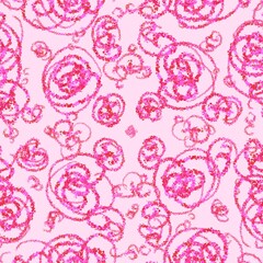 Seamless pattern. Pink, purple spirals, circles, helical lines, floral motif, baroque. Abstract curves shapes on a black background.