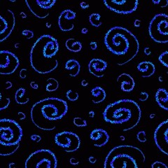 Seamless pattern. Blue spirals, circles, helical lines. Abstract curves shapes on a black background.