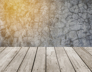 old wood desk or wood floor with cement wall texture background use for product display