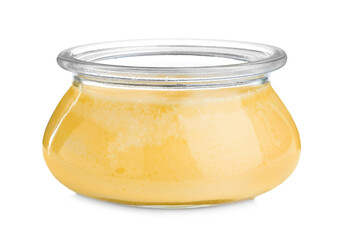Glass jar of Ghee butter isolated on white