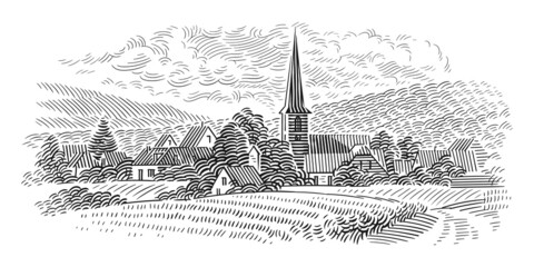 European village landscape illustration. Vector.	
