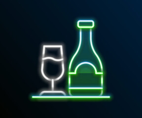 Glowing neon line Wine bottle with glass icon isolated on black background. Colorful outline concept. Vector