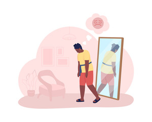 Overweight sad teen girl 2D vector isolated illustration. Fat child. Upset adolescent kid walking from mirror flat characters on cartoon background. Teenager problem colourful scene