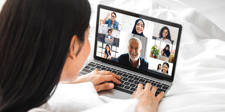 Woman talk speak using laptop computer working and video conference online meeting with colleagues at home.Creative woman talk video chat call with business team.work from home concept