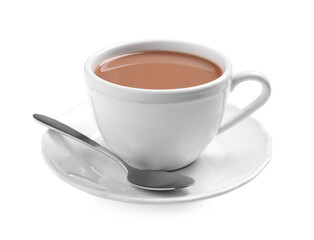Delicious tea with milk on white background