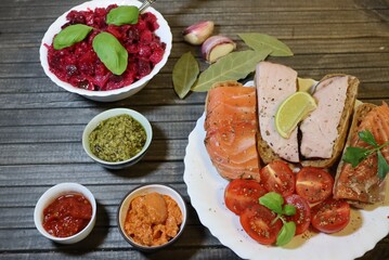Light breakfast, sandwiches and pesto sauce