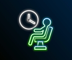 Glowing neon line Human waiting in airport terminal icon isolated on black background. Colorful outline concept. Vector