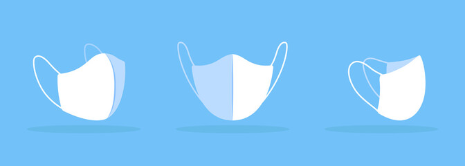 Face mask with thin straps and seam in middle white mockup. Consumer-grade mask. Elastic ear loops. Protective equipment. Modern item clipart. Isolated design template on blue background