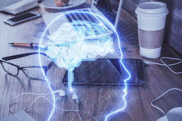 Double exposure of brain theme drawing and cell phone background. Concept of information