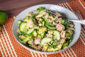 American salad of avocado, cucumber, onion and canned tuna in a plate, close-up