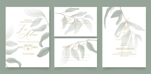 Fototapeta na wymiar Wedding invitation template, with watercolor green leaves, brunches, and handmade calligraphy.