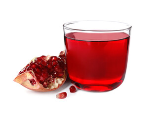 Freshly made pomegranate juice in glass on white background